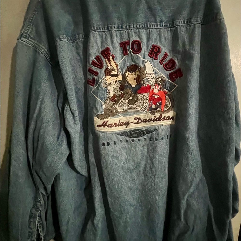 Harley-Davidson Long Sleeve Denim Shirt with Loony Tunes Characters, Size XXL